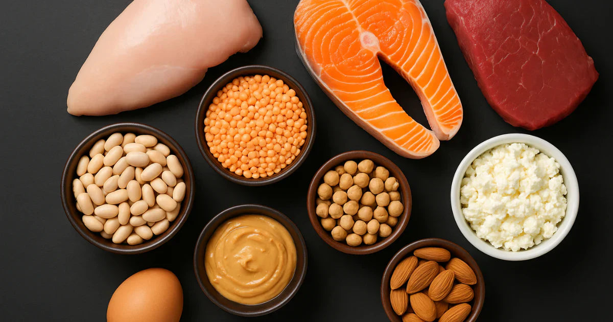 Alimenti ricchi di proteine: pollo, salmone, carne rossa, uova, legumi, frutta secca e latticini su sfondo nero