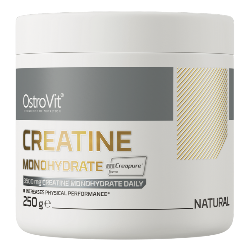 Confezione di OstroVit Creatina Monoidrato Creapure® 250 g gusto naturale, integratore per migliorare la performance fisica