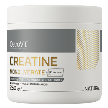 Confezione di OstroVit Creatina Monoidrato Creapure® 250 g gusto naturale, integratore per migliorare la performance fisica