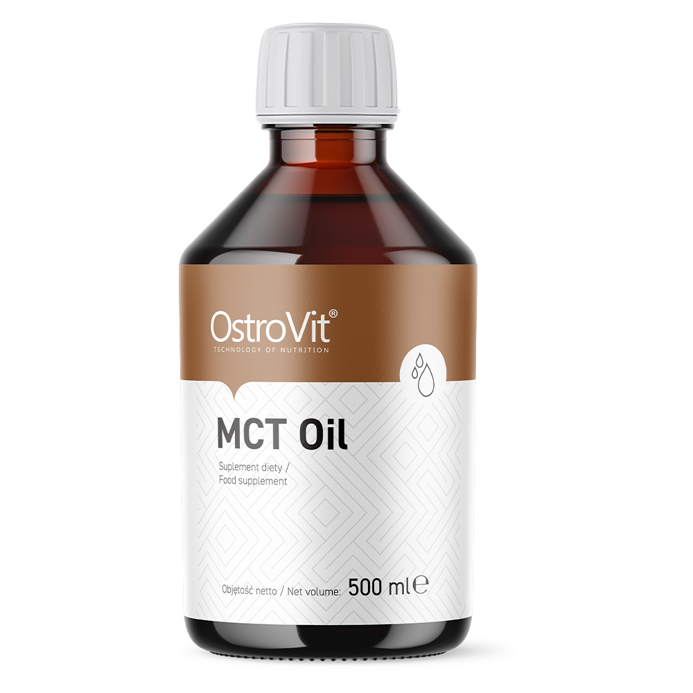 Bottiglia di OstroVit MCT Oil 500 ml, integratore di trigliceridi a catena media per energia rapida
