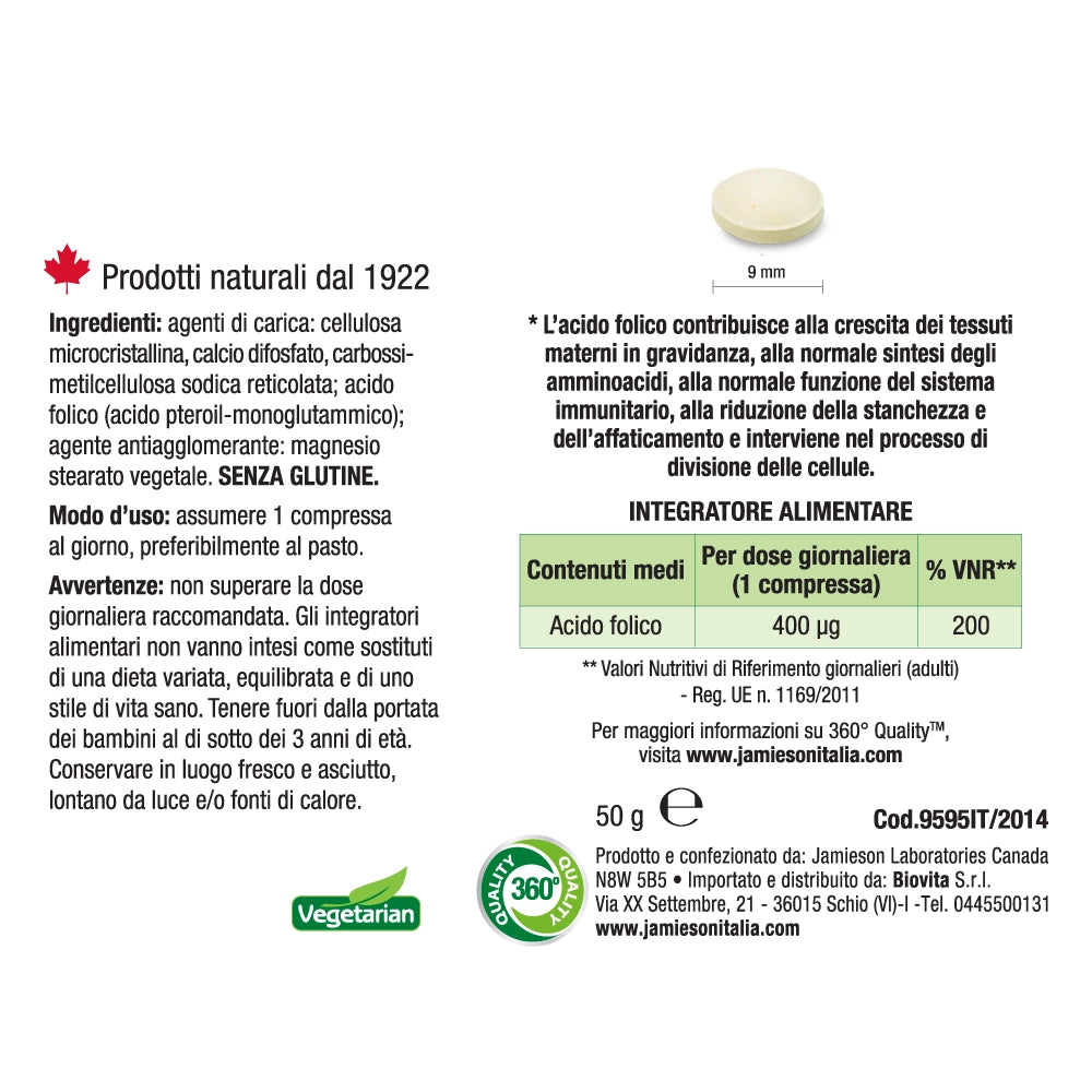 Valori Nutrizionali Acido Folico 200cpr - Jamieson