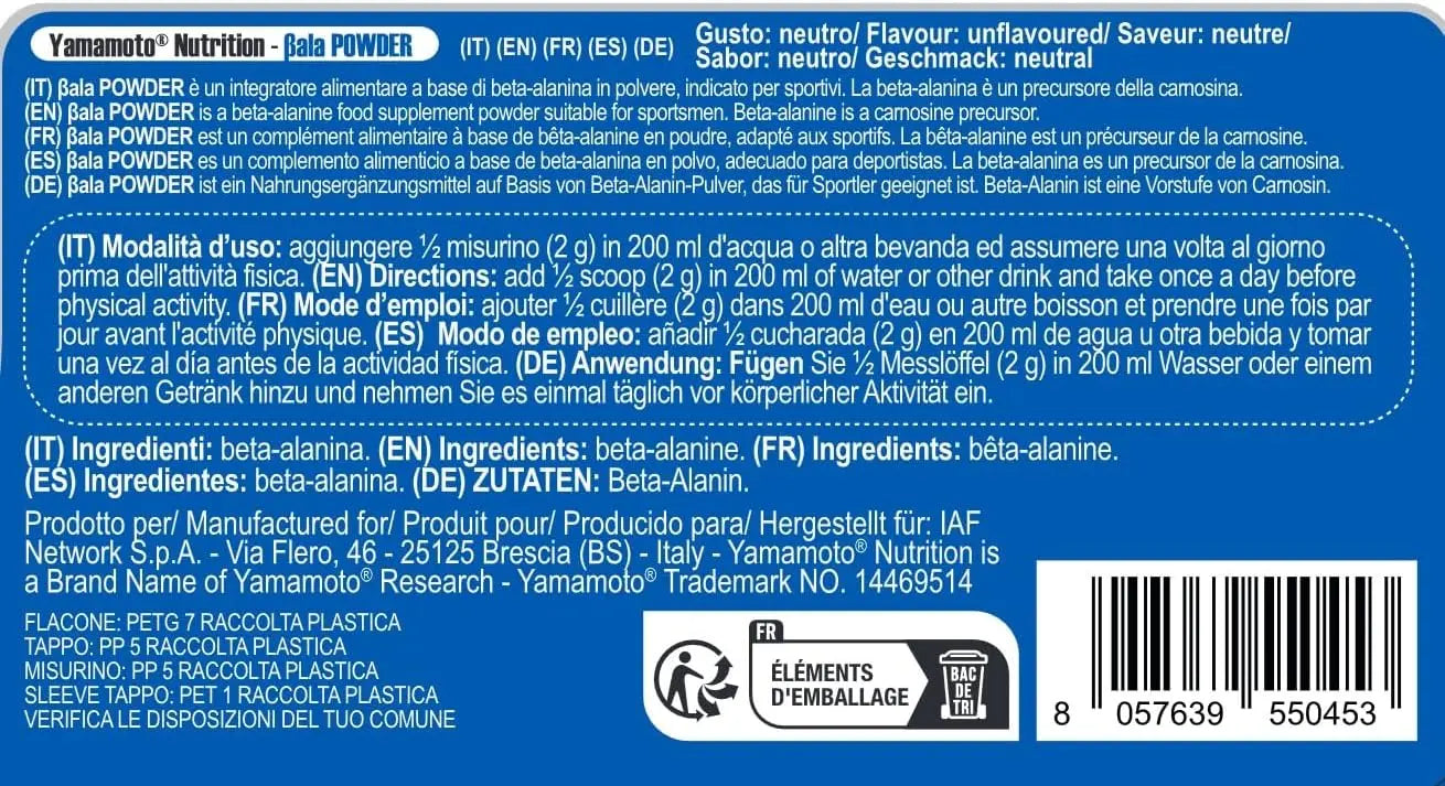 Valori Nutrizionali BetaPowder Beta Alanina in Polvere 250g Yamamoto Nutrition