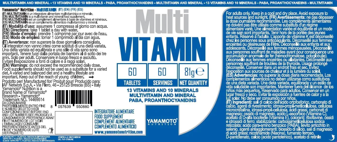 Valori Nutrizionali Multi VITAMIN 60 cpr Multivitaminico Yamamoto Nutrition 