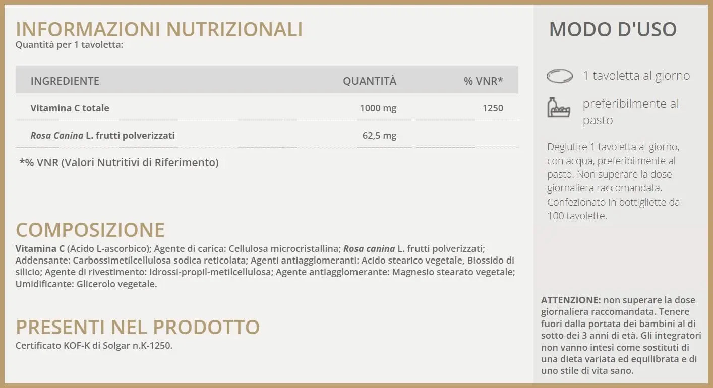 Valori Nutrizionali Rose Vita C 1000 100 tav - Solgar