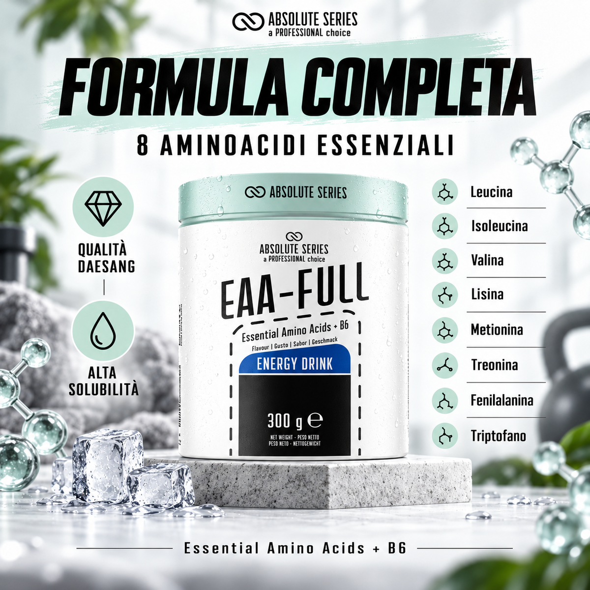 Absolute Series EAA-FULL 300 g formula completa con 8 aminoacidi essenziali vitamina B6 e alta solubilità