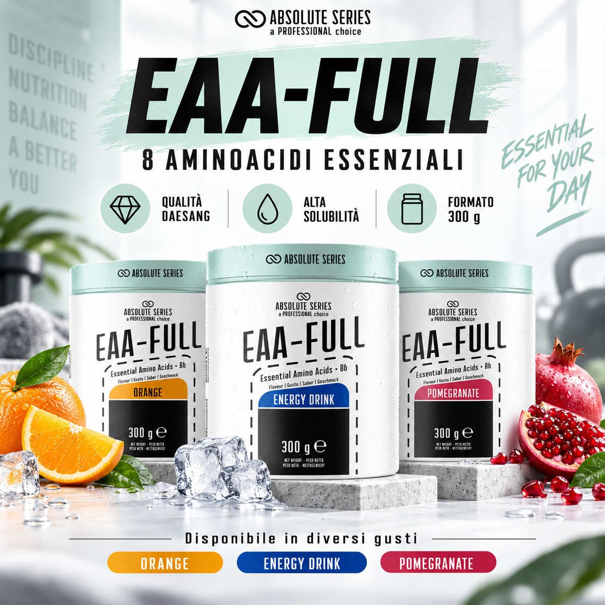 Absolute Series EAA-FULL 300 g aminoacidi essenziali in polvere disponibili in gusto arancia energy drink e melograno