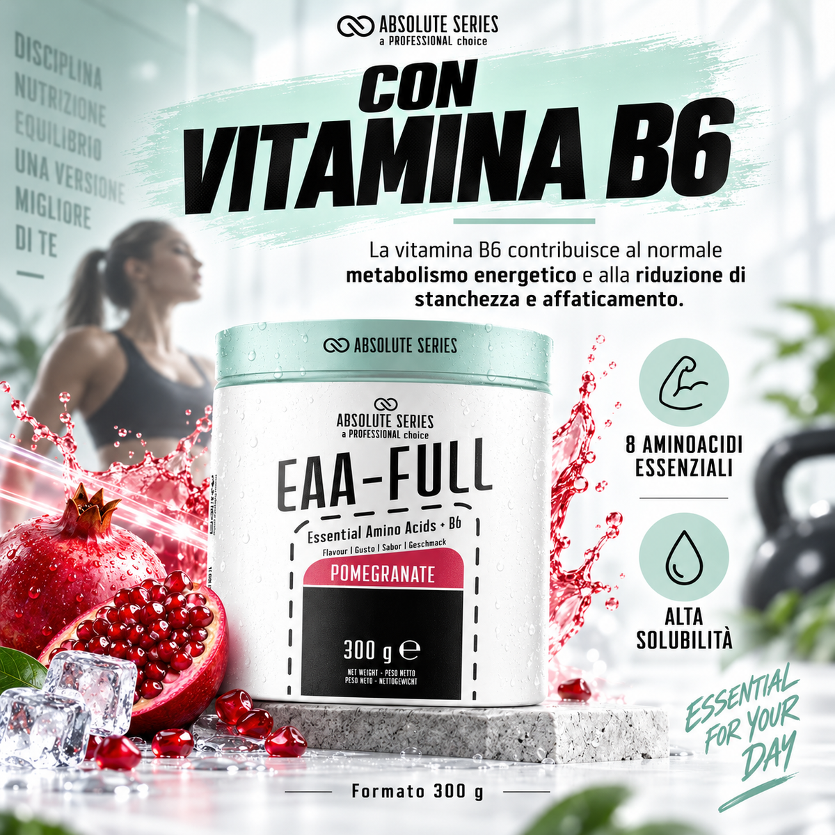 Absolute Series EAA-FULL 300 g gusto melograno con vitamina B6 che contribuisce al normale metabolismo energetico e alla riduzione di stanchezza e affaticamento