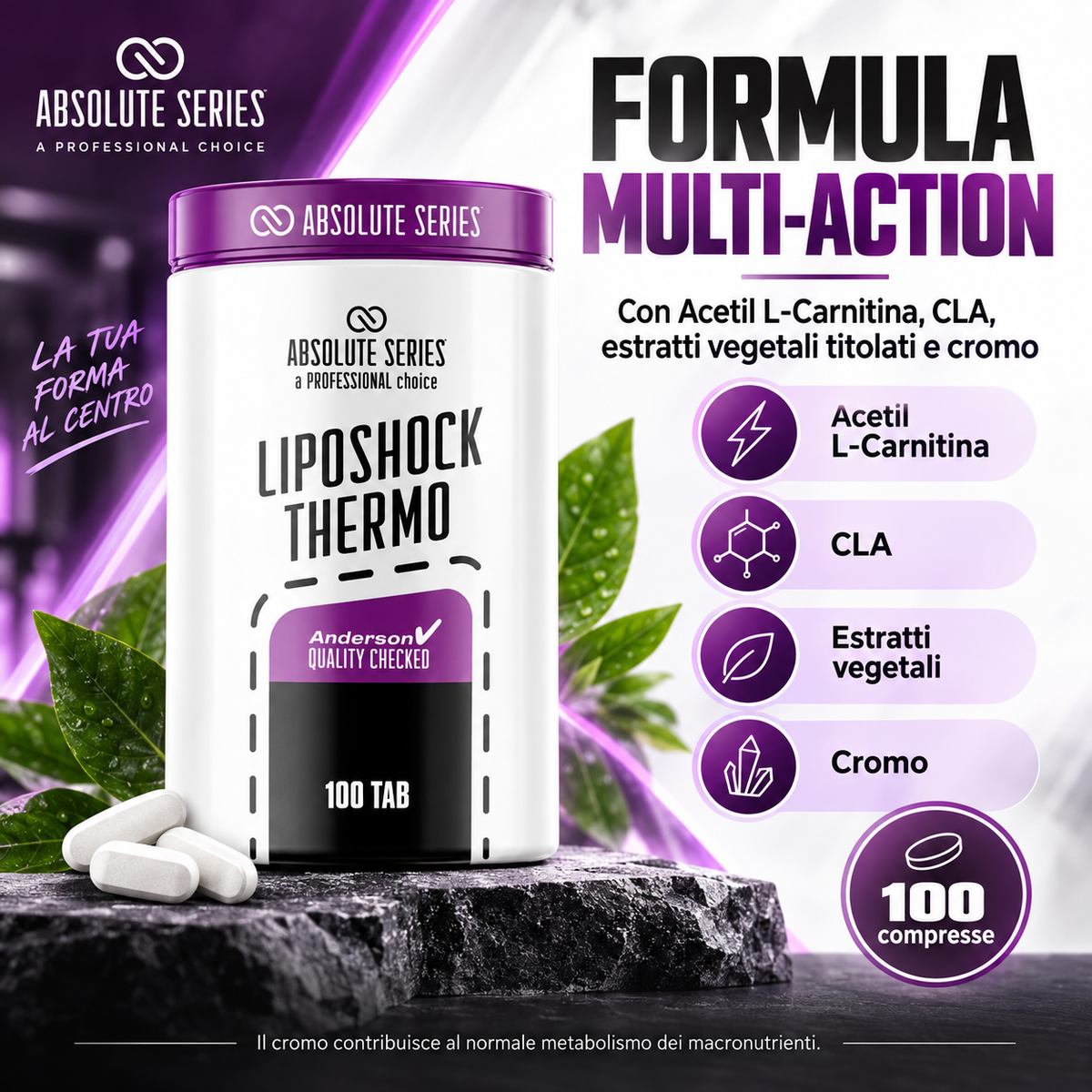 Absolute Series Liposhock Thermo compresse 100 compresse formula multi-action con acetil L-carnitina, CLA e cromo