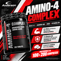 Poster promozionale Anderson AMINO-4 Complex con BCAA 2:1:1, arginina AKG, zinco e vitamina B6 disponibile in 100 e 200 compresse