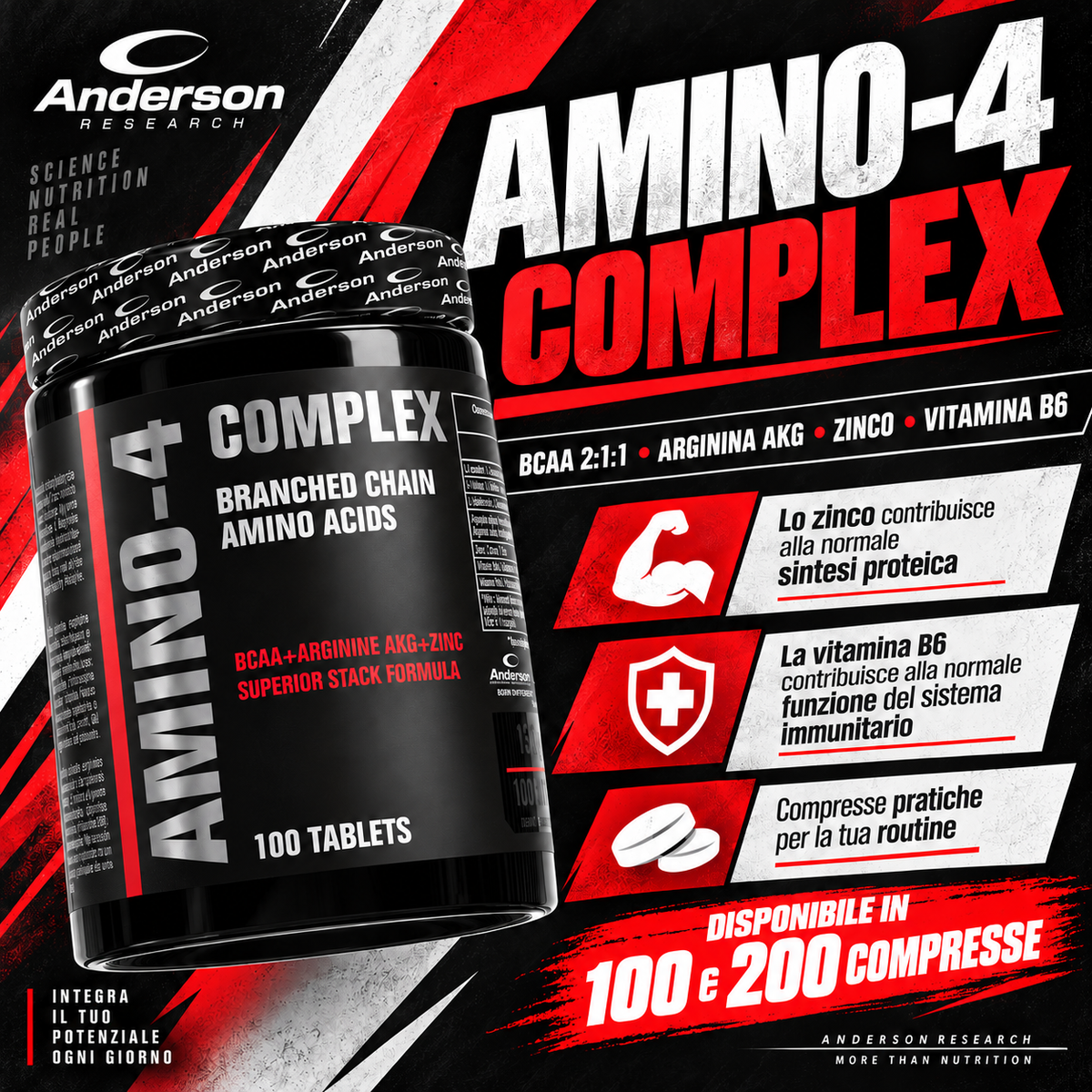 Poster promozionale Anderson AMINO-4 Complex con BCAA 2:1:1, arginina AKG, zinco e vitamina B6 disponibile in 100 e 200 compresse