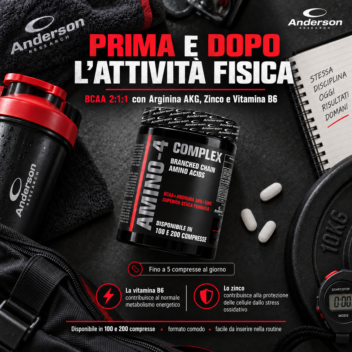 Grafica Anderson AMINO-4 Complex da usare prima e dopo l attività fisica con BCAA 2:1:1, arginina AKG, zinco e vitamina B6 disponibile in 100 e 200 compresse