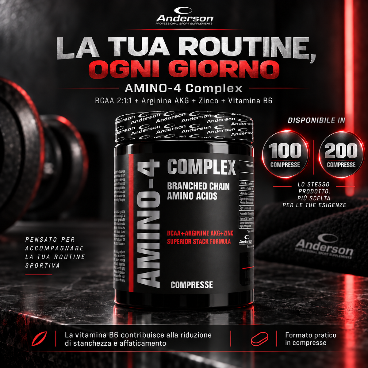 Grafica Anderson AMINO-4 Complex per routine sportiva quotidiana con BCAA 2:1:1, zinco e vitamina B6 disponibile in 100 e 200 compresse