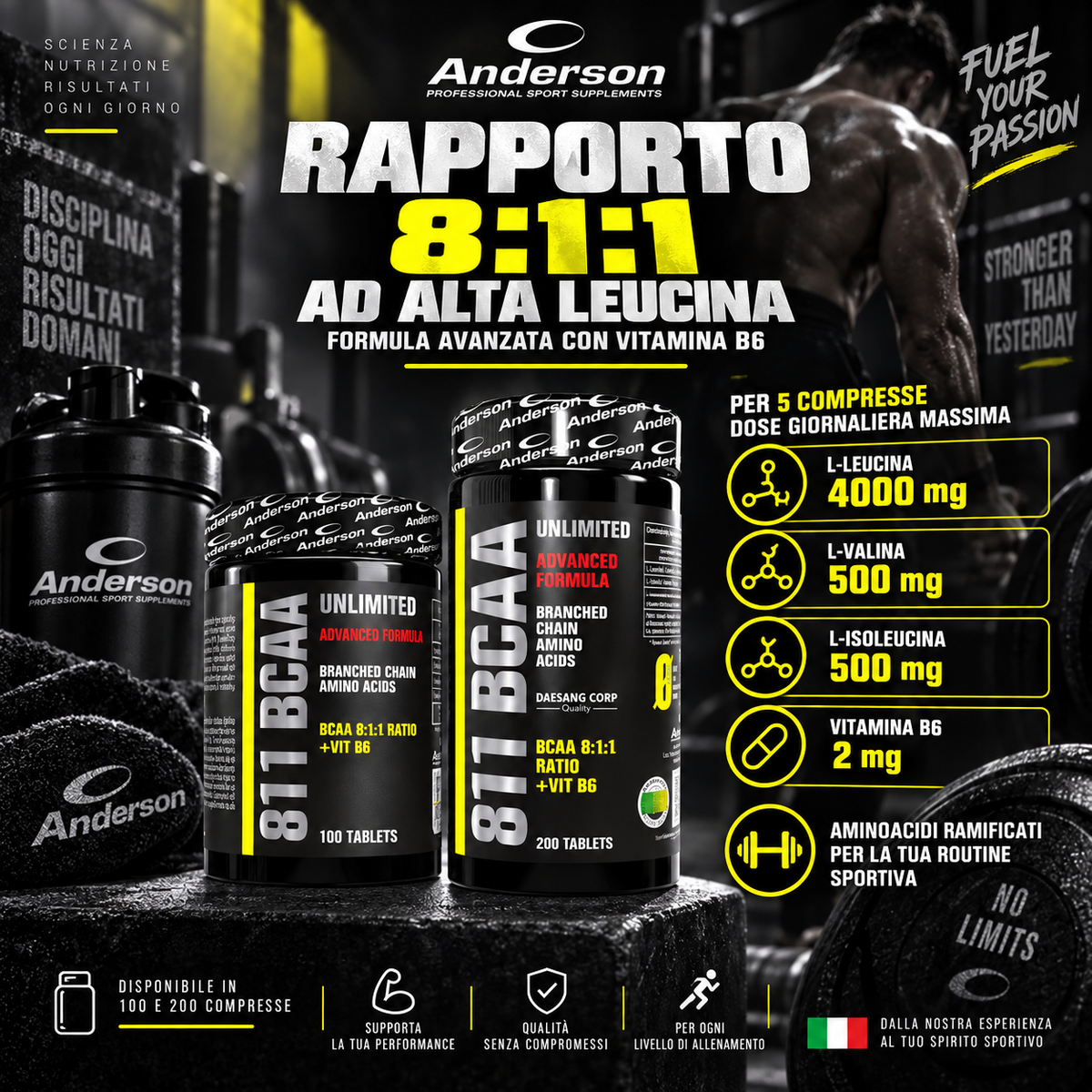 Anderson 811 BCAA Unlimited con alto contenuto di leucina, formula avanzata BCAA 8:1:1 con vitamina B6 per sport di resistenza e potenza