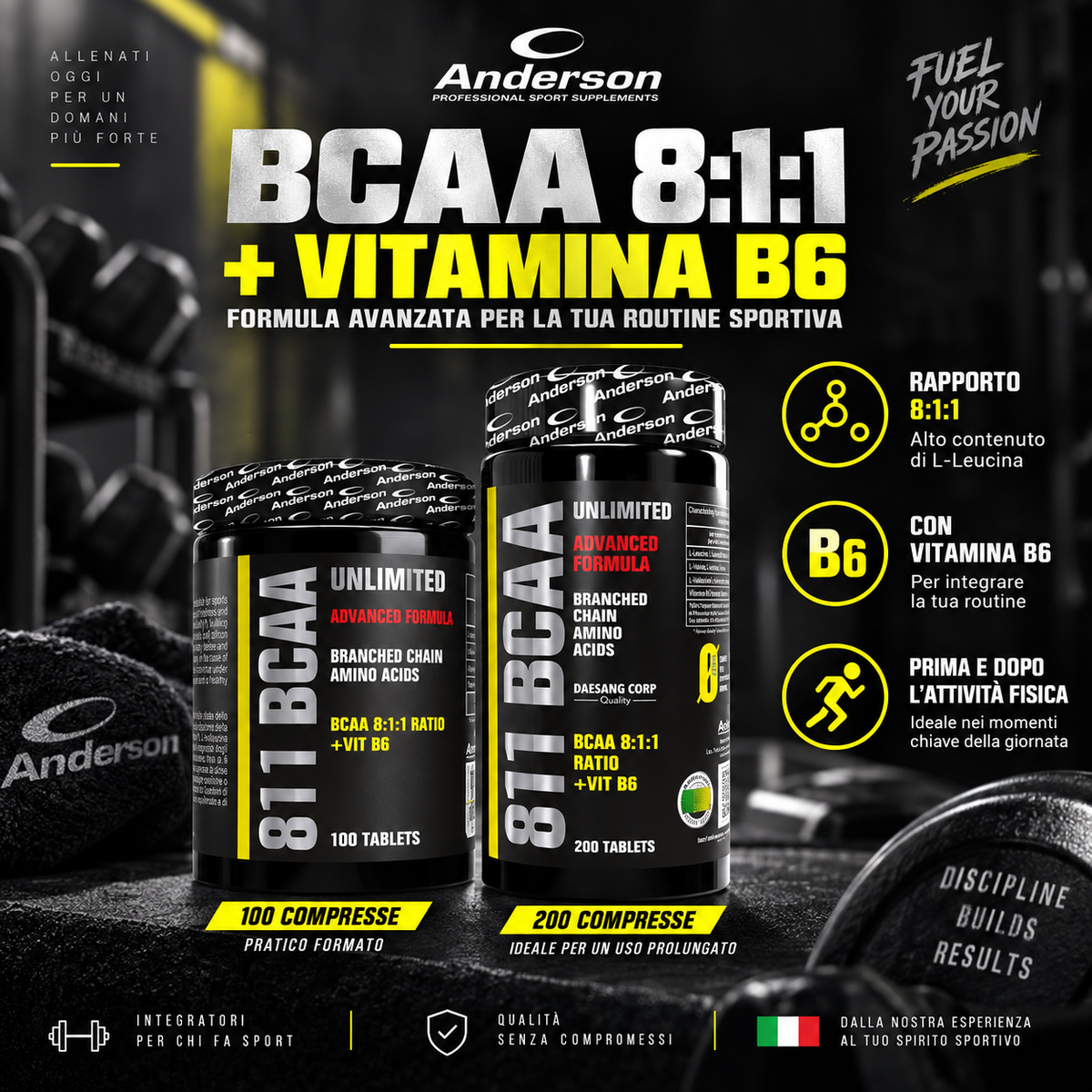 Anderson 811 BCAA Unlimited con aminoacidi ramificati in rapporto 8:1:1 e vitamina B6, disponibile nei formati da 100 e 200 compresse