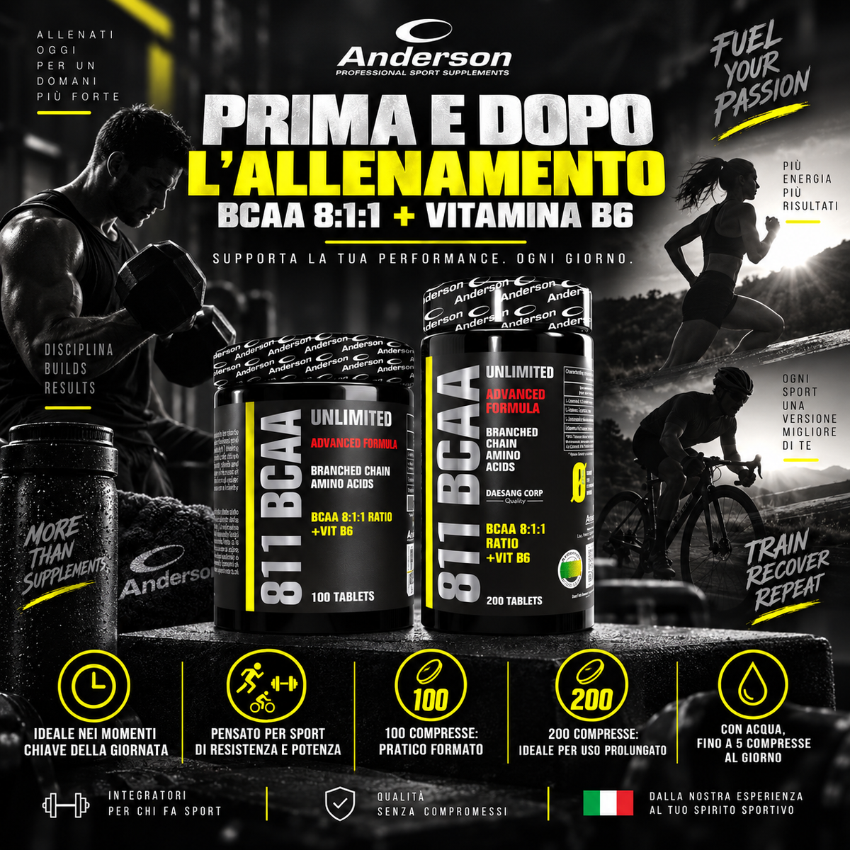 Anderson 811 BCAA Unlimited con BCAA 8:1:1 e vitamina B6, ideale prima e dopo l’allenamento, disponibile in 100 e 200 compresse