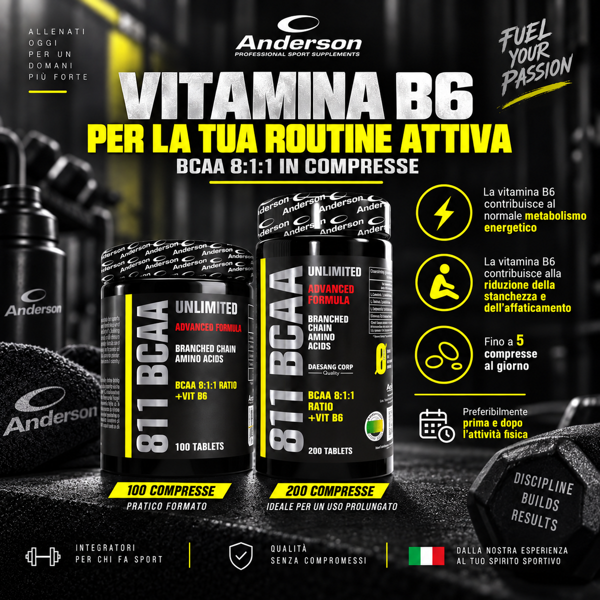 Anderson 811 BCAA Unlimited con BCAA 8:1:1 e vitamina B6, integratore in compresse pensato per la routine sportiva quotidiana