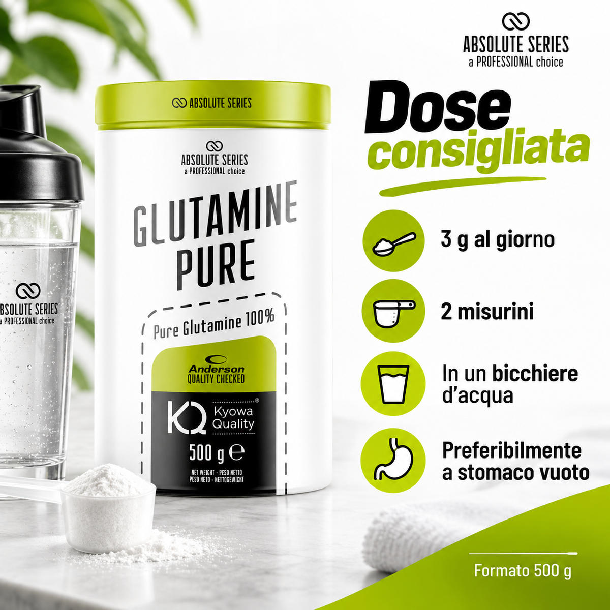 Anderson Glutamine Pure 500 g dose consigliata 3 g al giorno sciolta in acqua
