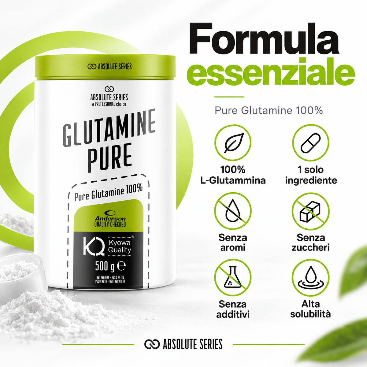 Glutamine Pure Anderson 500 g con 100% L-Glutammina, senza aromi, zuccheri e additivi