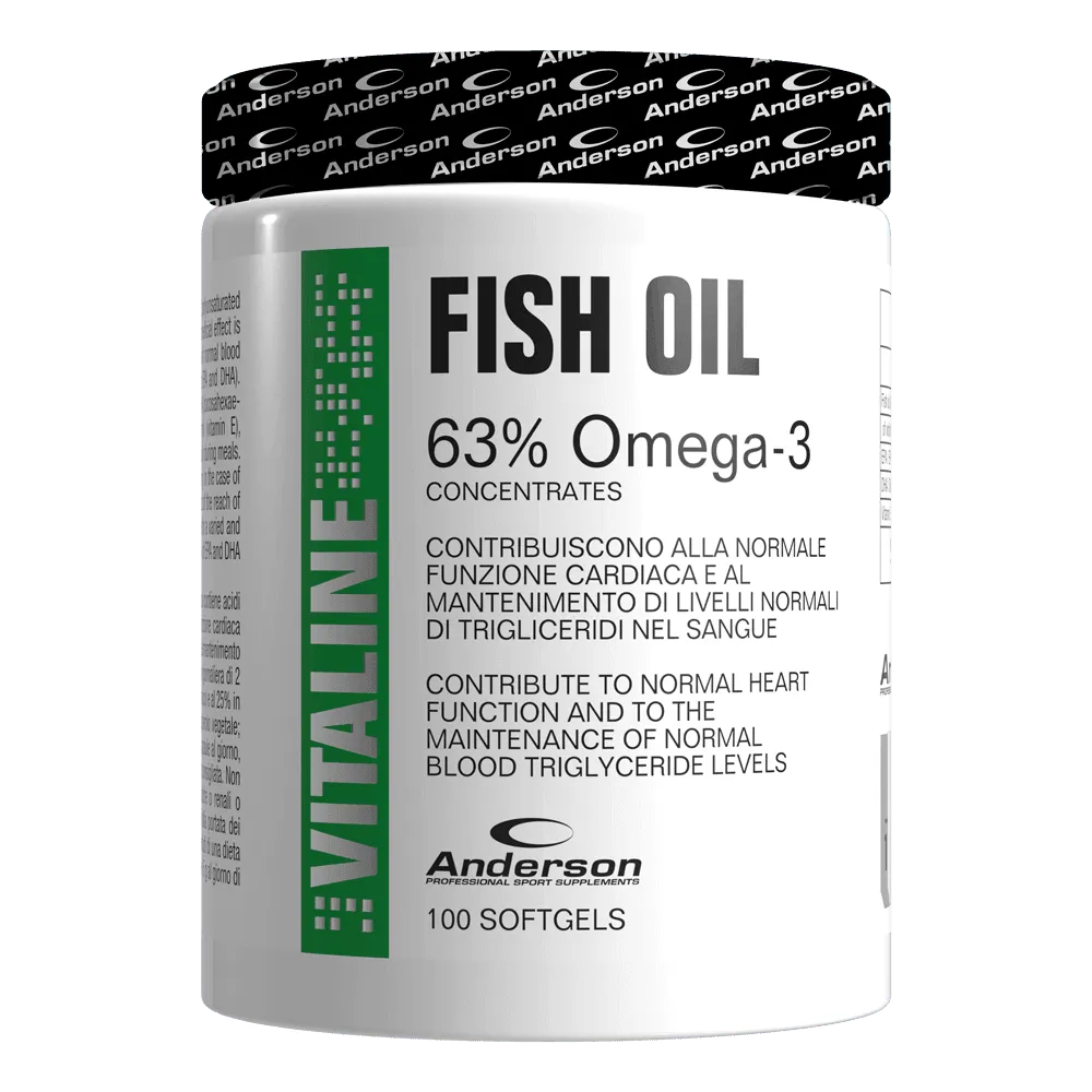 Confezione frontale Anderson Omega-3 Fish Oil 100 softgel – olio di pesce ad alta concentrazione EPA e DHA