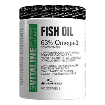 Confezione frontale Anderson Omega-3 Fish Oil 100 softgel – olio di pesce ad alta concentrazione EPA e DHA