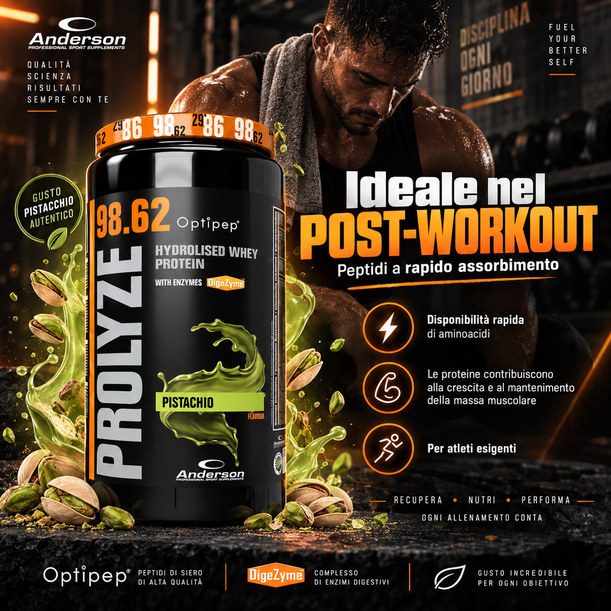 Anderson Prolyze 98.62 Optipep gusto pistacchio, proteine whey idrolizzate