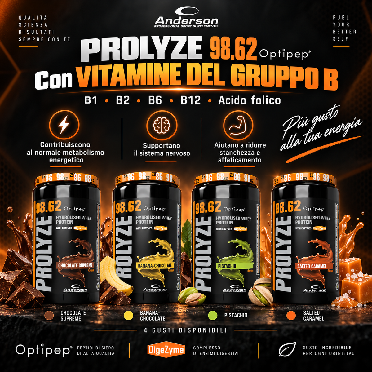 Anderson Prolyze 98.62 con vitamine del gruppo B disponibile in quattro gusti
