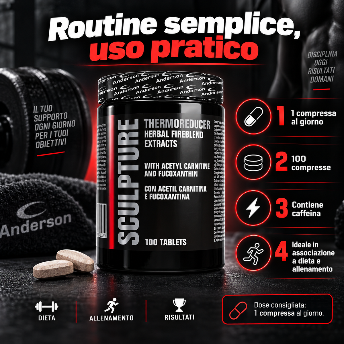 Anderson Sculpture Thermo Reducer formato da 100 compresse con dose consigliata di 1 compressa al giorno, da associare a dieta e attività fisica