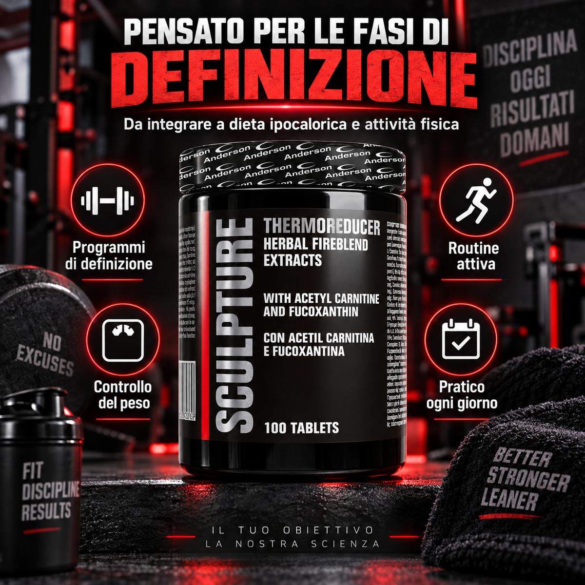 Anderson Sculpture Thermo Reducer 100 compresse pensato per fasi di definizione, controllo del peso e routine attiva