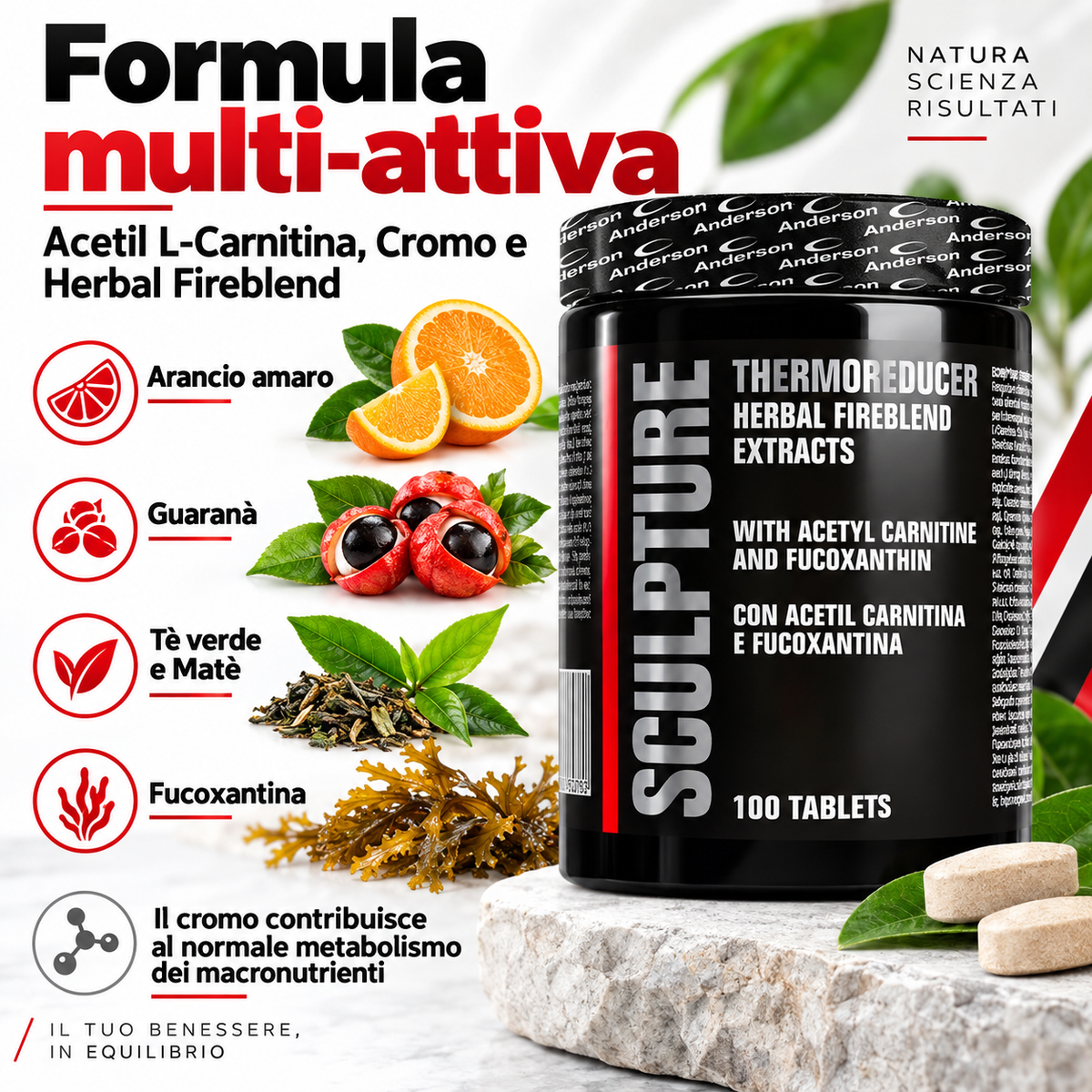 Anderson Sculpture Thermo Reducer formula multi-attiva con arancio amaro, guaranà, tè verde, matè, fucoxantina e cromo