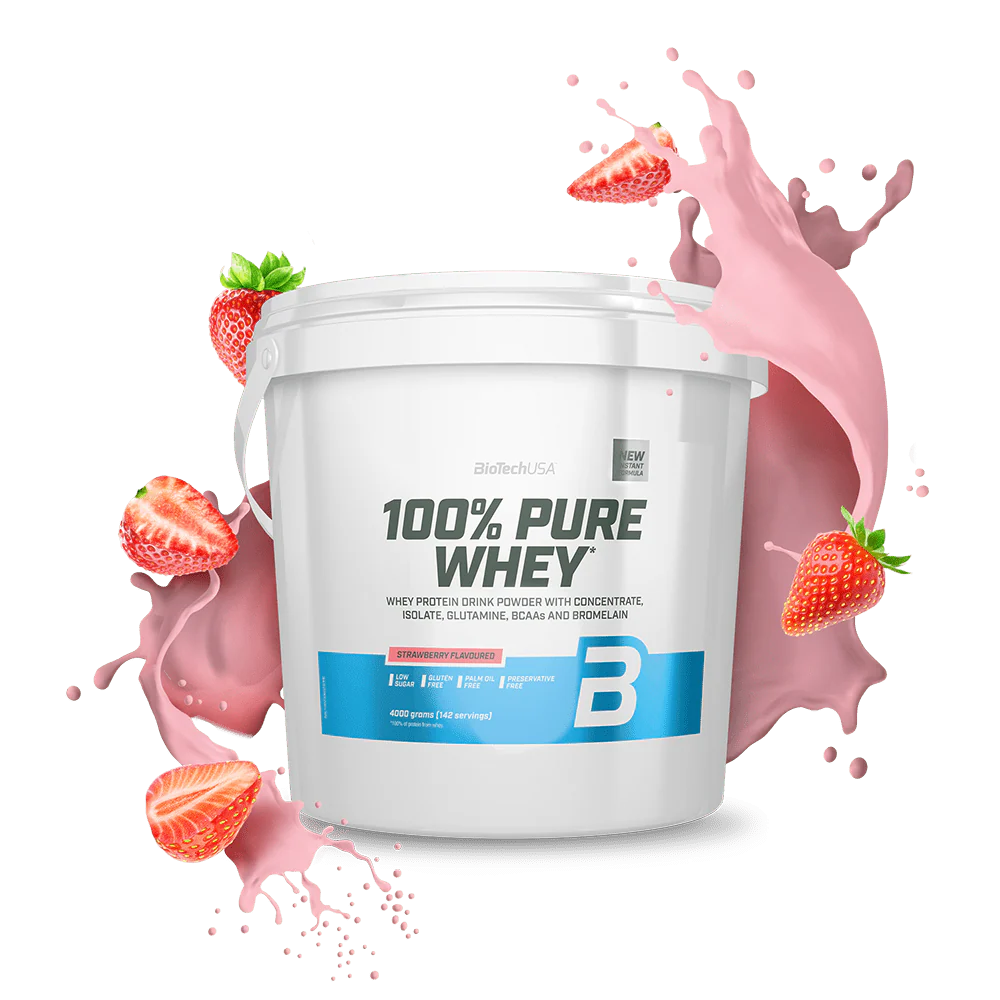 Proteine WHEY Blend, 86% proteine concentrate, restante isolate. Gusto fragola. Marchio BiotechUSA. 4kg (4000g). 143 dosi per confezione.