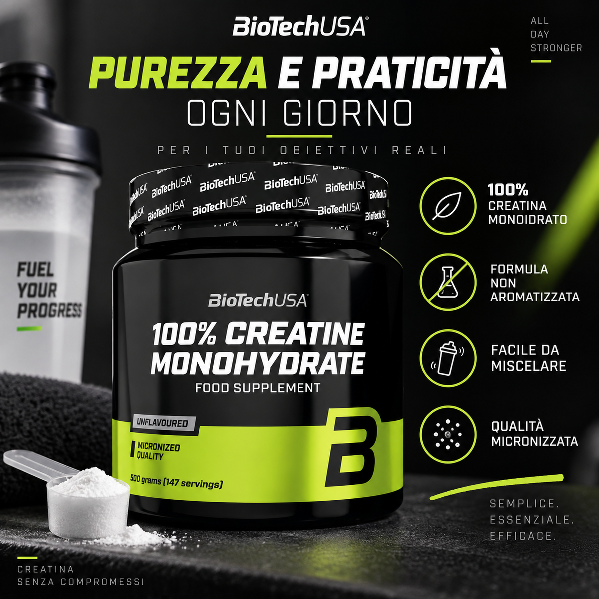 BioTechUSA 100% Creatine Monohydrate 500 g, formula non aromatizzata micronizzata e facilmente miscelabile