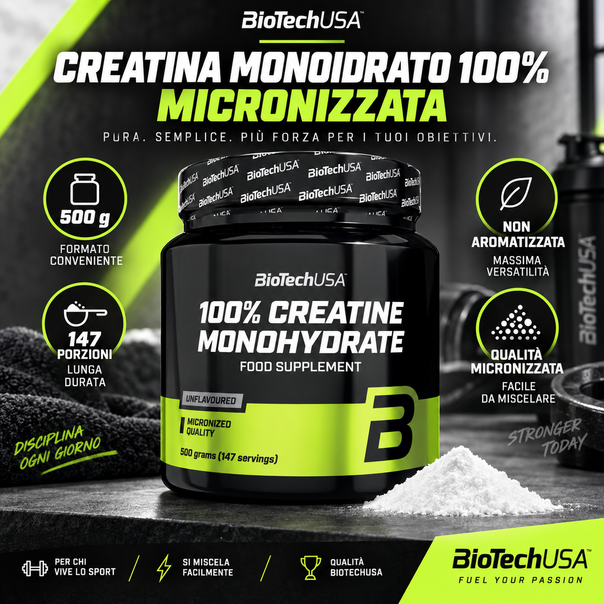 BioTechUSA 100% Creatine Monohydrate 500 g, creatina monoidrato micronizzata non aromatizzata con 147 porzioni
