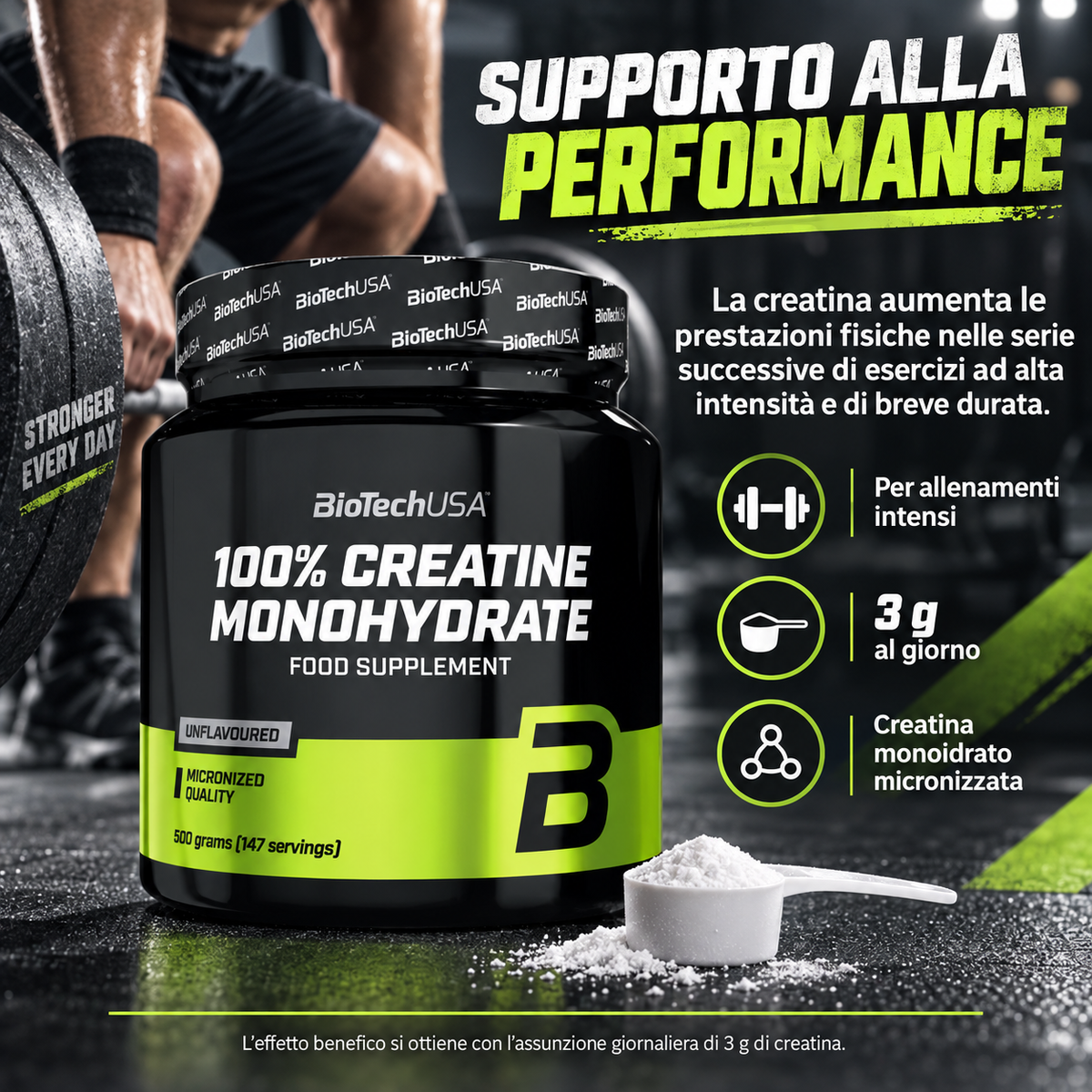 BioTechUSA Creatine Monohydrate micronizzata per supportare le prestazioni fisiche negli esercizi ad alta intensità e breve durata