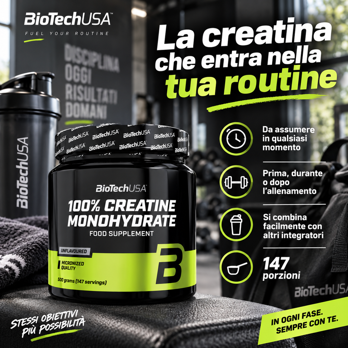 BioTechUSA Creatine Monohydrate 500 g in polvere non aromatizzata, creatina micronizzata pratica da integrare nella routine sportiva