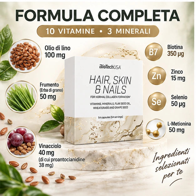 BioTechUSA Hair Skin & Nails con vitamine, minerali, olio di semi di lino, frumento ed estratto di vinacciolo