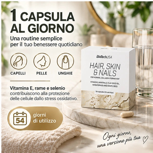 BioTechUSA Hair Skin & Nails 54 capsule, integratore per la routine quotidiana con vitamine e minerali