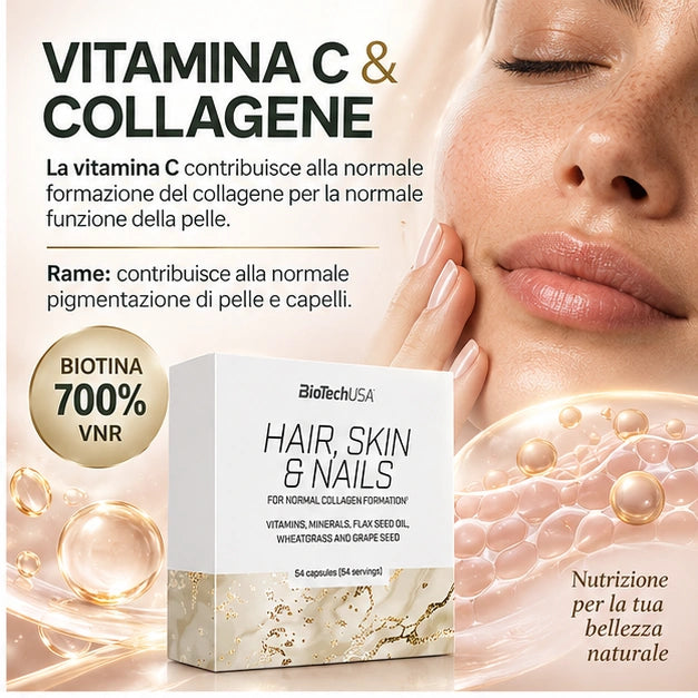 BioTechUSA Hair Skin & Nails con vitamina C che contribuisce alla normale formazione del collagene per la normale funzione della pelle