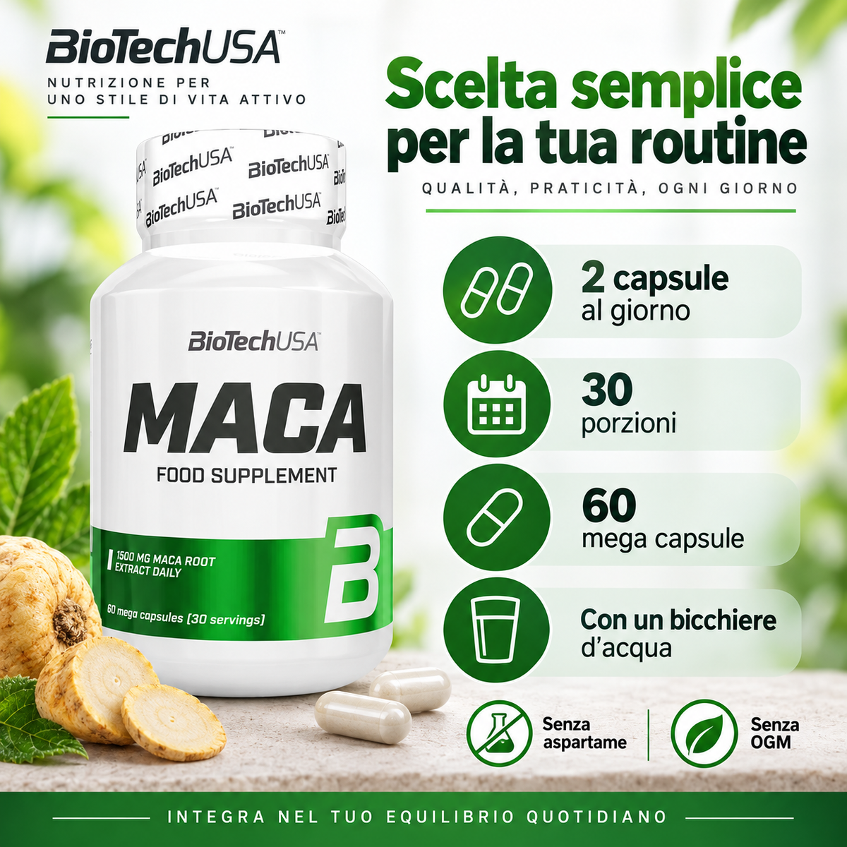 BioTechUSA Maca con 1500 mg di maca per dose giornaliera, 2 capsule al giorno, senza aspartame e senza OGM