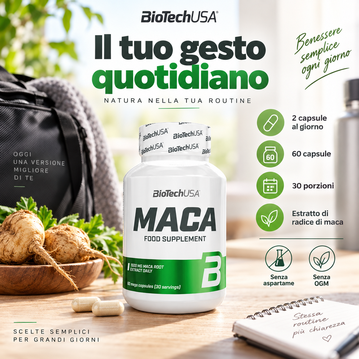 BioTechUSA Maca 60 mega capsule, integratore con estratto di radice di maca pratico da inserire nella routine quotidiana