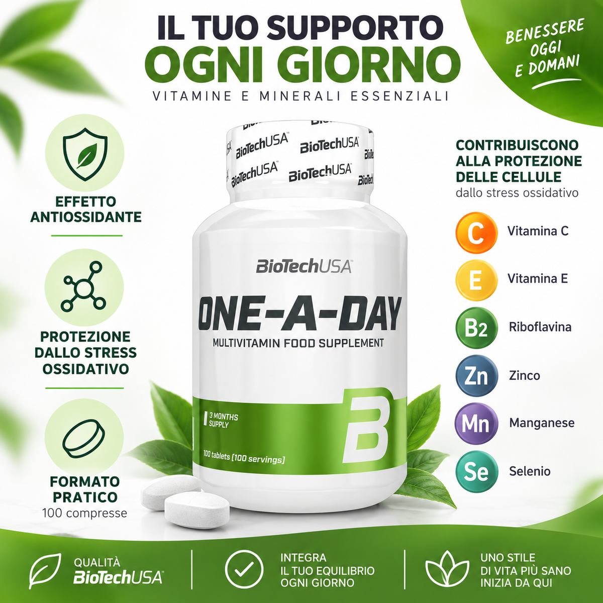 BioTechUSA One-A-Day 100 compresse con vitamina C, vitamina E, zinco, manganese e selenio per la protezione delle cellule dallo stress ossidativo