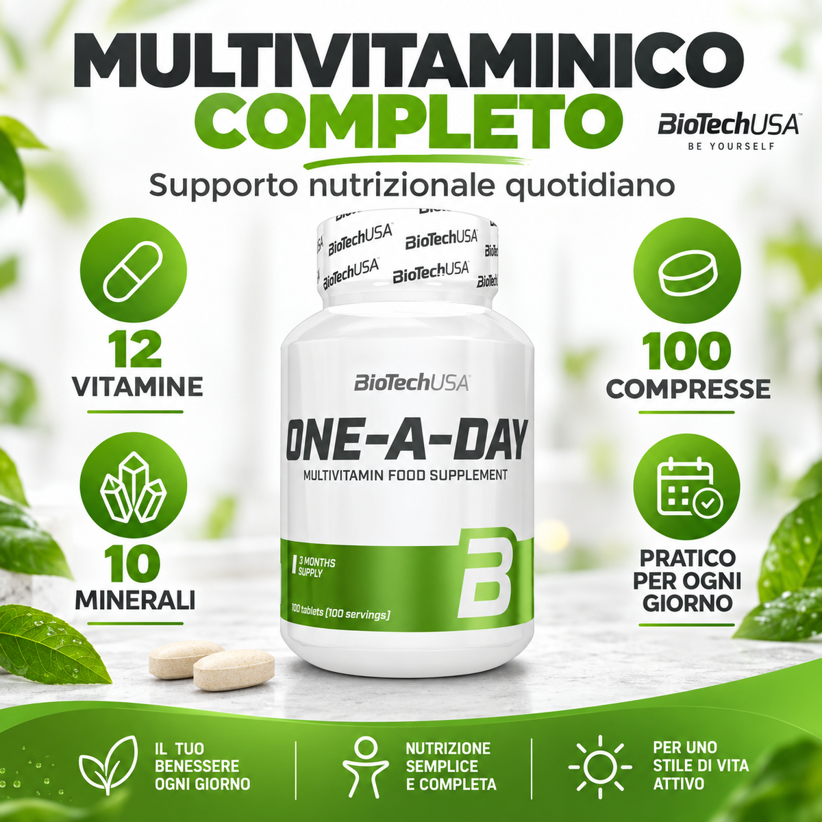 BioTechUSA One-A-Day multivitaminico con 12 vitamine e 10 minerali, formato da 100 compresse