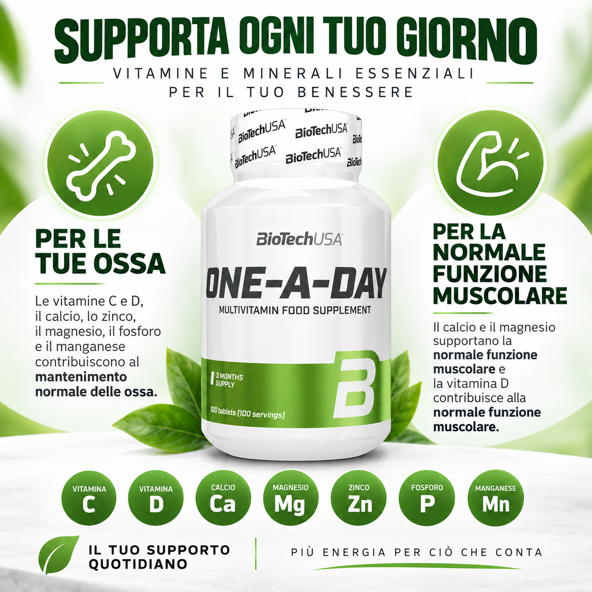 BioTechUSA One-A-Day con vitamina D, calcio e magnesio per il mantenimento di ossa normali e della normale funzione muscolare