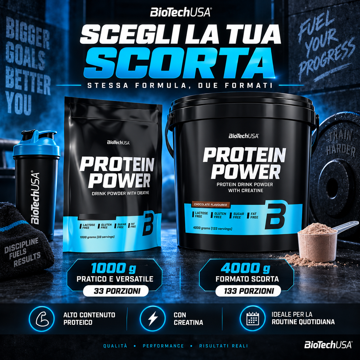 BioTechUSA Protein Power disponibile da 1000 g con 33 porzioni e da 4000 g con 133 porzioni