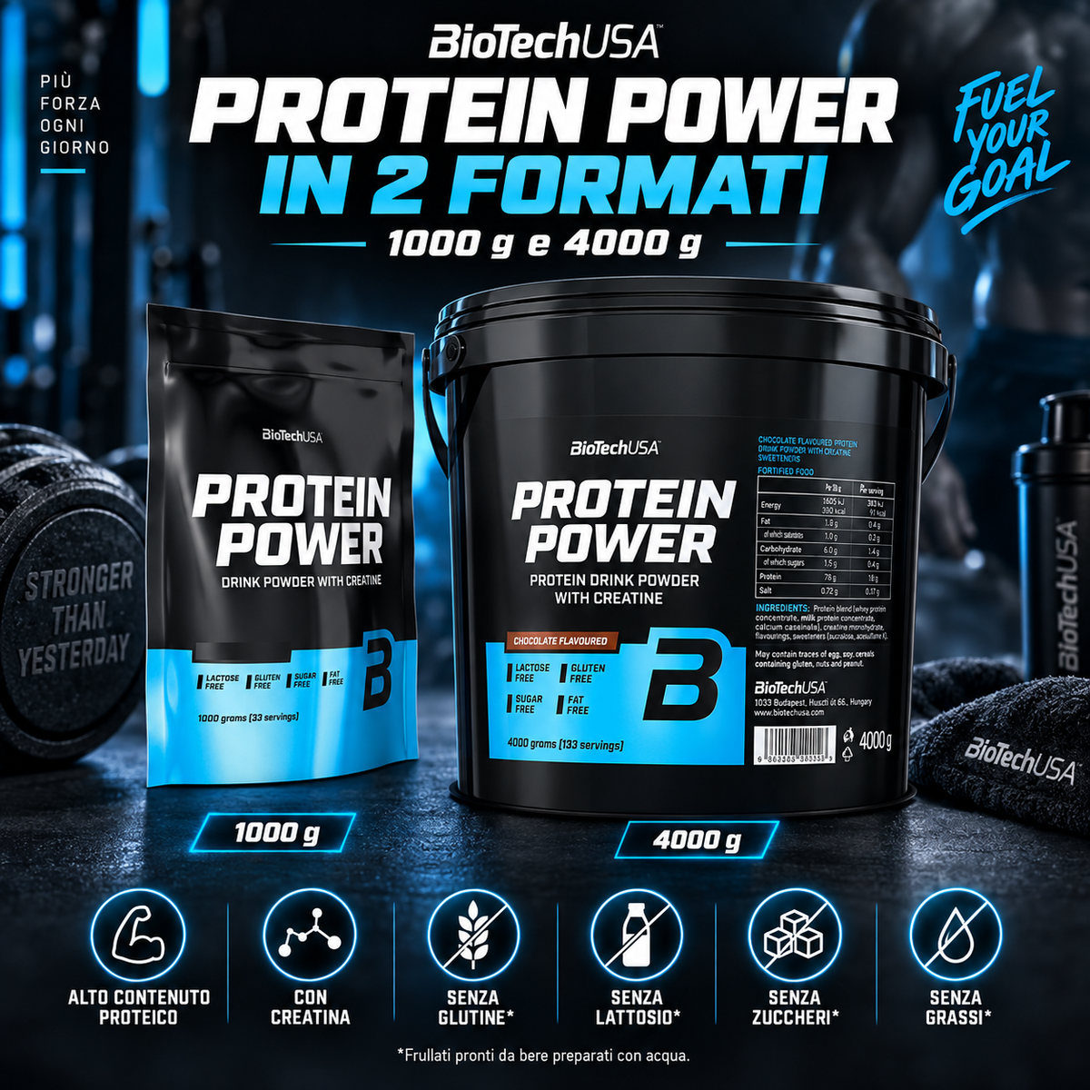 BioTechUSA Protein Power nei formati 1000 g e 4000 g, proteine in polvere ad alto contenuto proteico con creatina