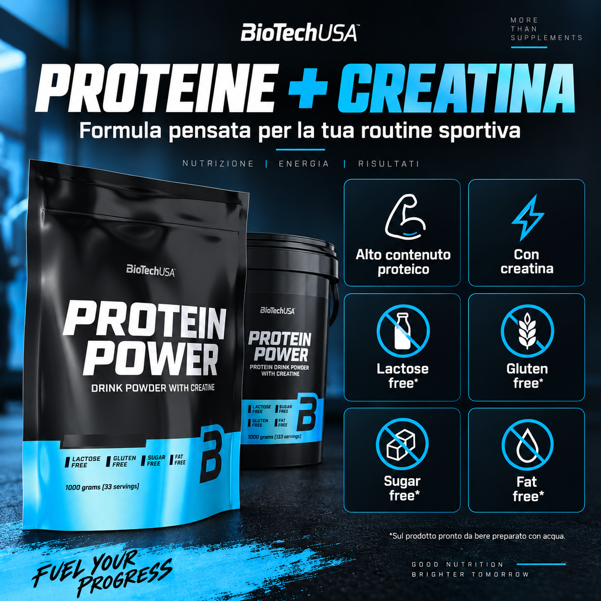 BioTechUSA Protein Power con proteine e creatina, senza lattosio e senza glutine nel frullato preparato con acqua