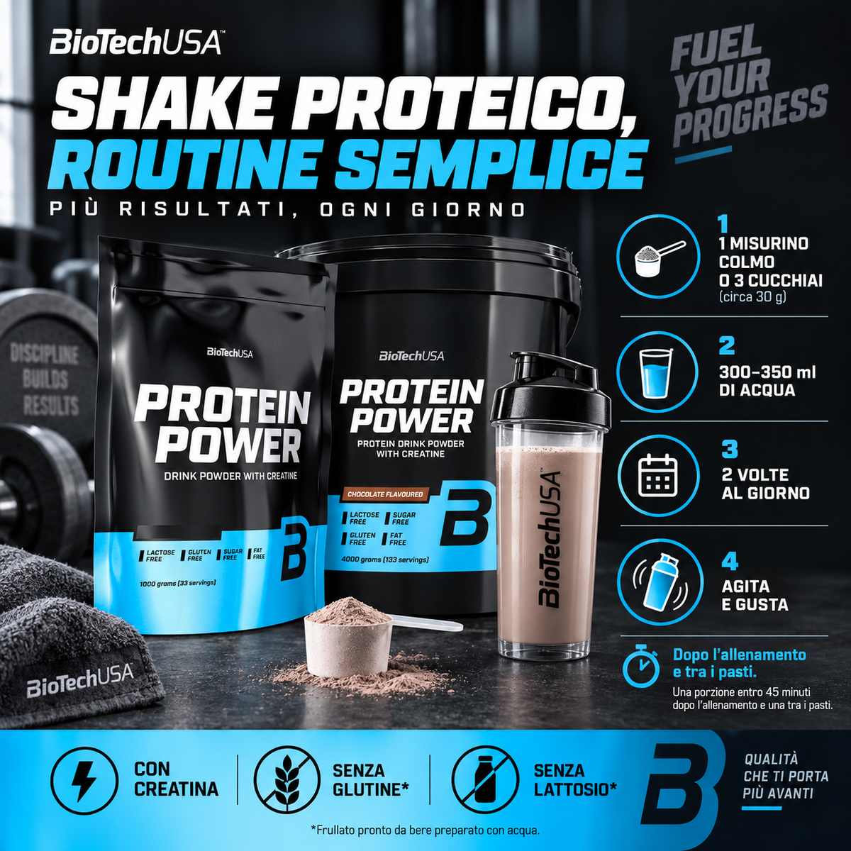 BioTechUSA Protein Power shake proteico con creatina nei formati 1000 g e 4000 g, pensato per la routine sportiva