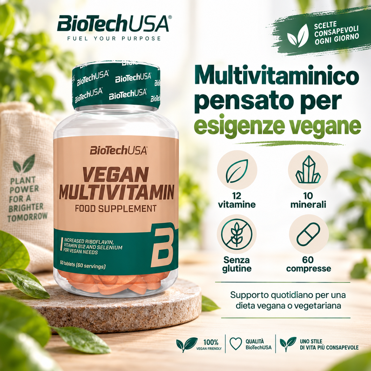 BioTechUSA Vegan Multivitamin con 12 vitamine e 10 minerali, 60 compresse, formulato per integrare anche diete vegane e vegetariane