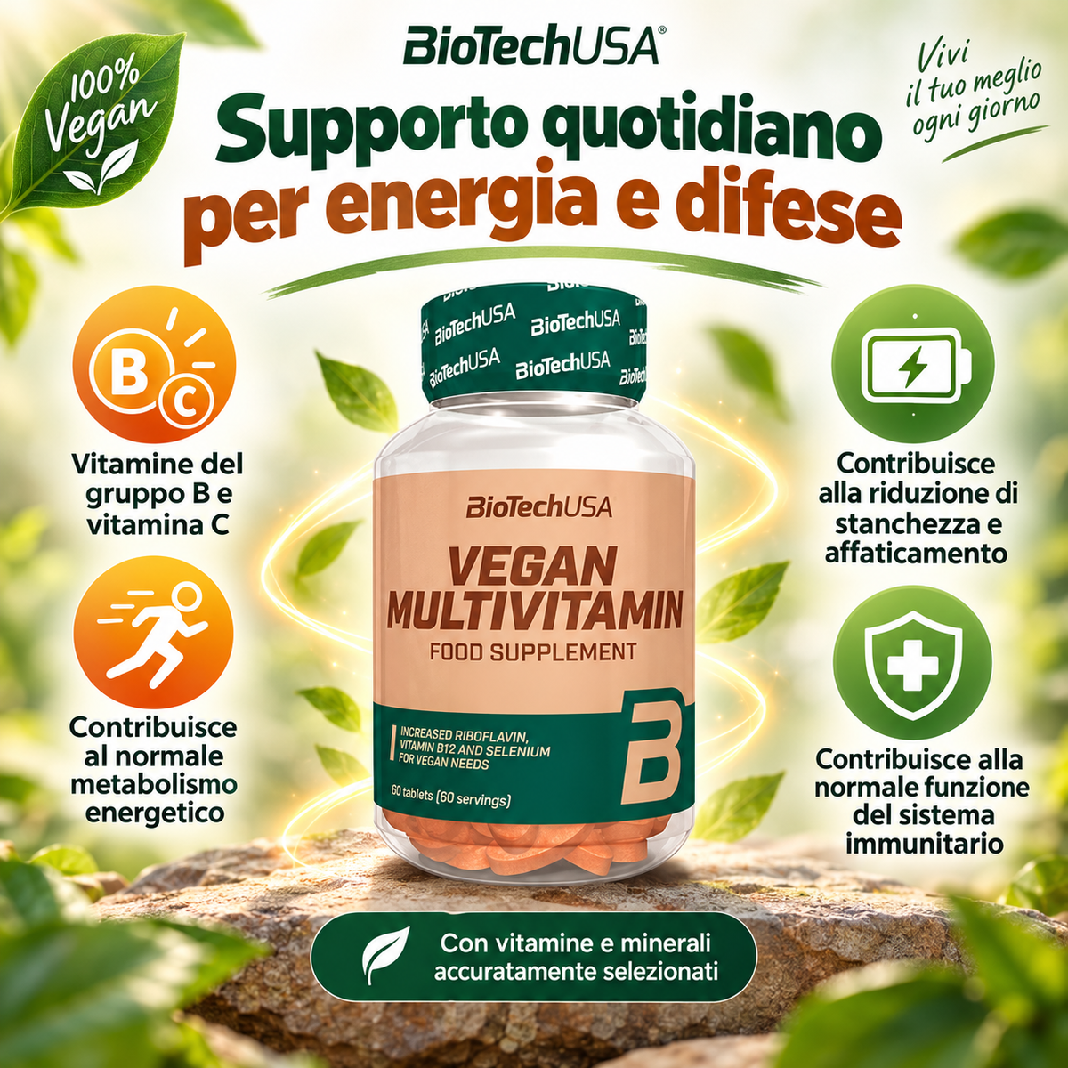 BioTechUSA Vegan Multivitamin con vitamine e minerali che contribuiscono al normale metabolismo energetico e alla normale funzione del sistema immunitario