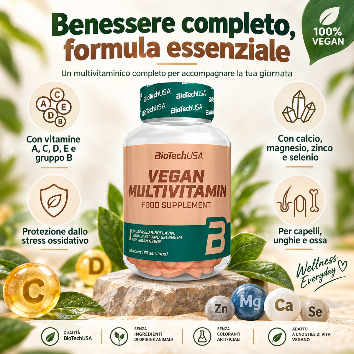 BioTechUSA Vegan Multivitamin formula completa con vitamine A C D E e gruppo B, calcio, magnesio, zinco e selenio
