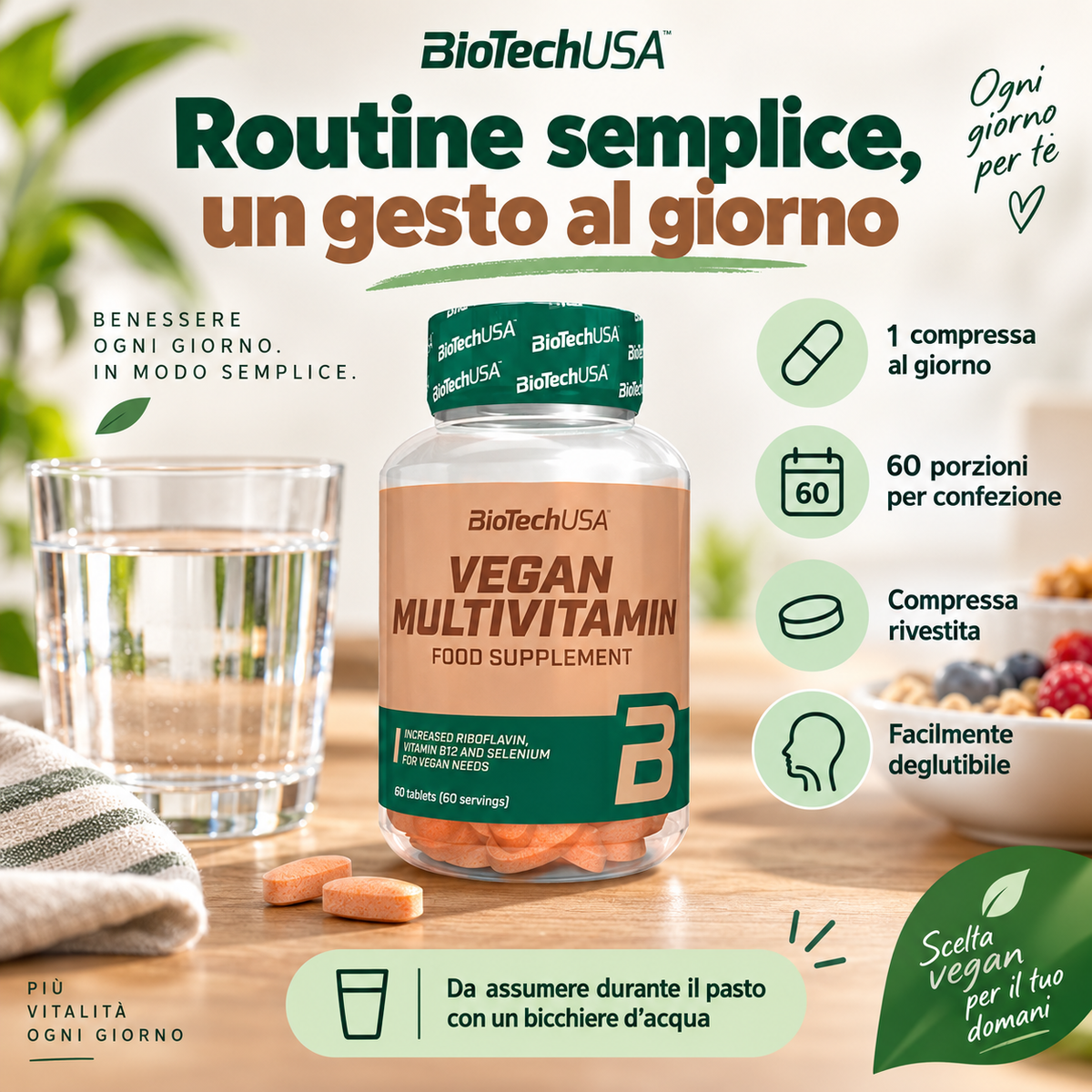 BioTechUSA Vegan Multivitamin 60 compresse, una compressa al giorno durante il pasto per una routine quotidiana semplice